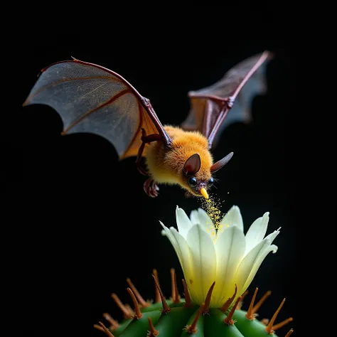 "A nectarivorous bat (Glossophaga soricina) suspended in the air in front of a cactus flower. Its extensible tongue (longer than...