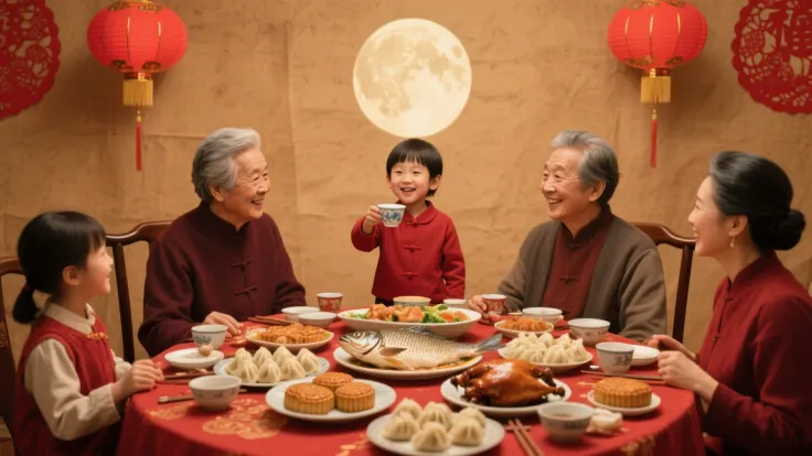 On a warm brown parchment-textured background, create a real and lifelike image of a festive traditional Chinese dinner scene. T...