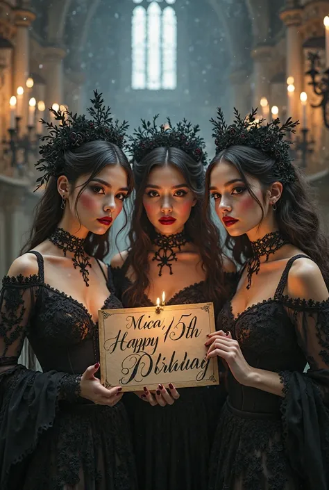Some gothic princesses with a sign that says MICA HAPPY 15TH BIRTHDAY