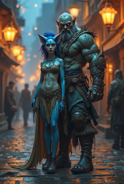 In a bustling fantasy city block, illuminated by the warm glow of flickering street lamps, stands a beautiful blue scaled kobold...