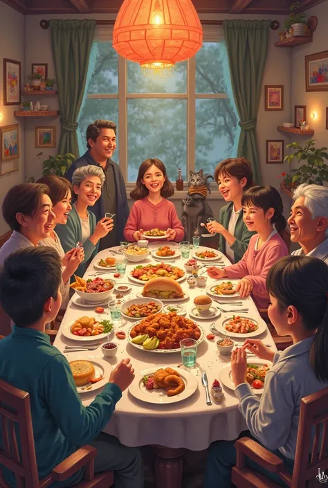 A table many item food, all people seting and eating, a cat set a babay