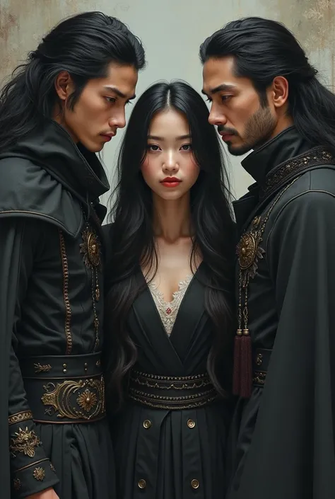 Create a book cover with three gorgeous men all staring at a short Asian girl. Two of the men should have long black hairs. Whil...