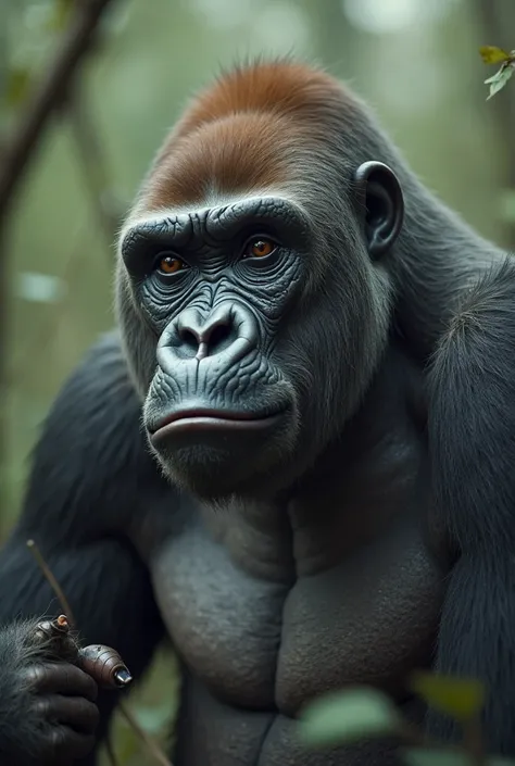 Crie prompt in English para uma IA de texto para vídeo de (*a gorilla in round 6 vlogging with a camera on his forehead and look...