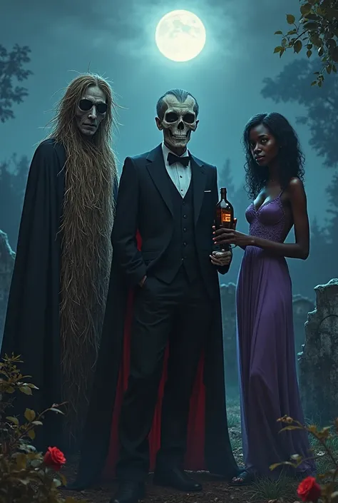 Realistic scene in a cemetery at night, with light blue haze and full moon illuminating the environment. No centro, Exu João Cav...