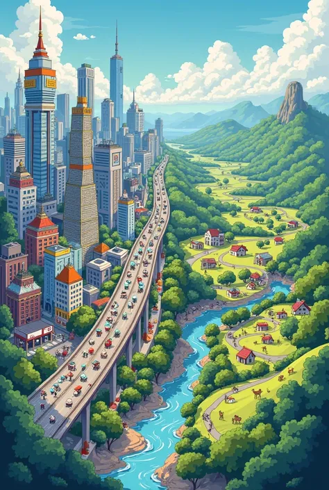 generate a cartoonized image in size 42x63cm where the page is divided vertically, with a large city drawn on the left and a cha...