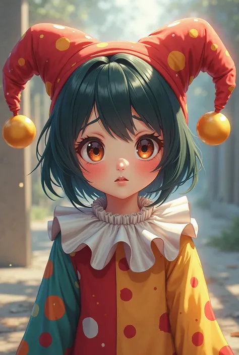 Anime style jester girl in oversized clothes, confused face, inocent eyes, young