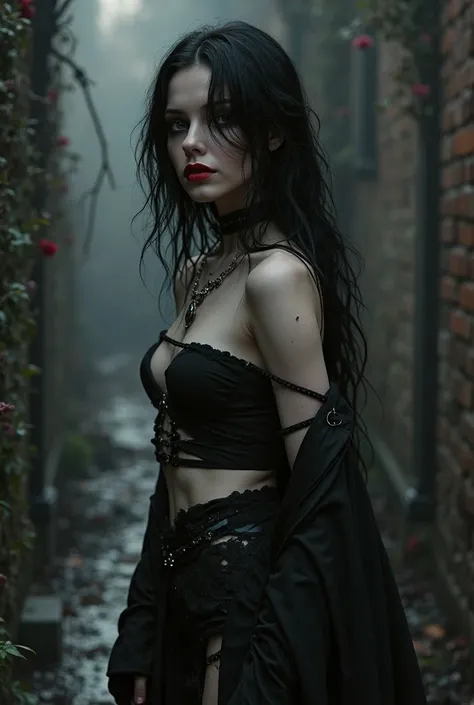 Full body goth girl few horizontal clothes