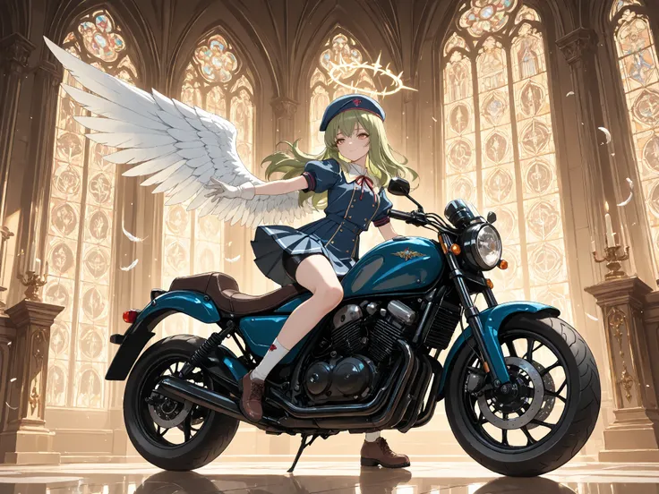 最高品質, 芸術的表現, 神秘的描写, solo, Gabriel, Berets, motorcycle shorts, black shorts, blue dress, blue hat, blue skirt, brown eyes, brown ...
