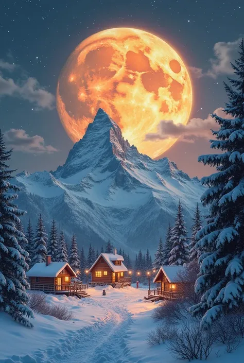 A snowy mountain like Grinch's that you see a small town with cabins and that has a huge moon and that that moon shines all over...