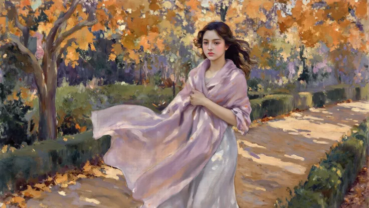 a twilight garden with fading sunlight, the young woman walking slowly down a stone path wrapped in a lavender-scented shawl, ge...