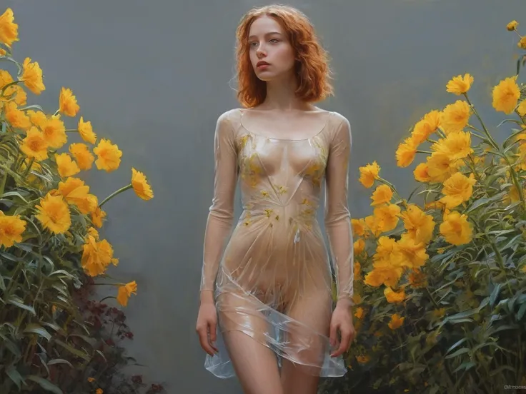 Science Fiction, Botanical Illustration of the Century,  Flower pistils, and petals surround her slender 
graceful figure,Extrao...