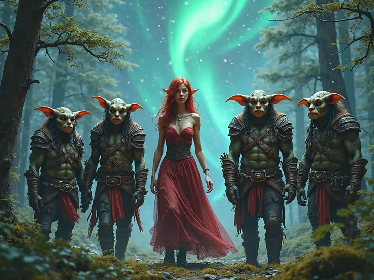 five goblins in leather armour and a female red haired white dress under a aurora on a forest
