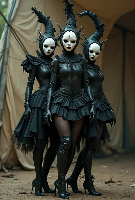 Design me circus costumes for dancers in the style of scary dolls