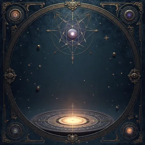 “Mystical and symbolic art without a human figure, occultist and alchemical style. deep background in dark tones (preto, azul no...