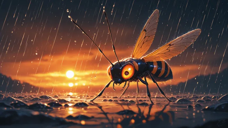 a brave little insect flying through a sudden summer rainstorm, the scene focused on the insect struggling against the heavy dro...