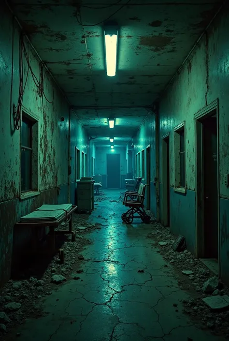 A dark, decaying interior hallway of an abandoned hospital at night. The corridor is narrow and long, with cracked tiles on the ...