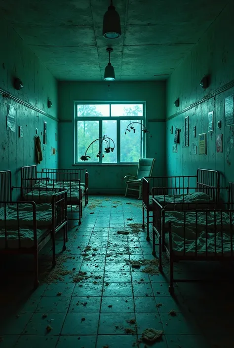 Inside a dark, abandoned hospital nursery at night, matching the decayed style of a derelict medical corridor. The walls are sta...
