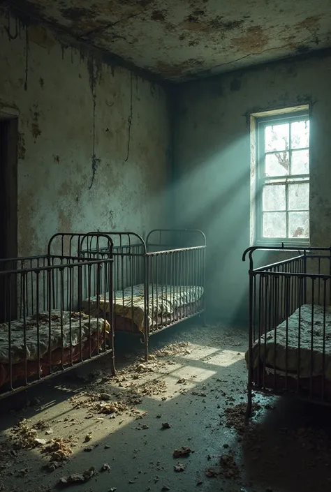 An abandoned nursery burned by fire with several metal cribs rusted by time in the dark of a hospital 