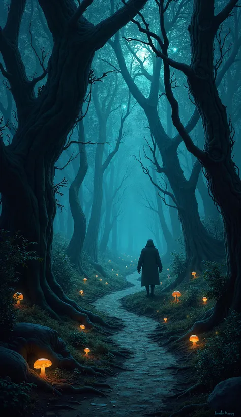 Illustrate a haunting scene of The Gloomwood Thicket, a dense and foreboding labyrinth of twisted trees and thorny underbrush, w...