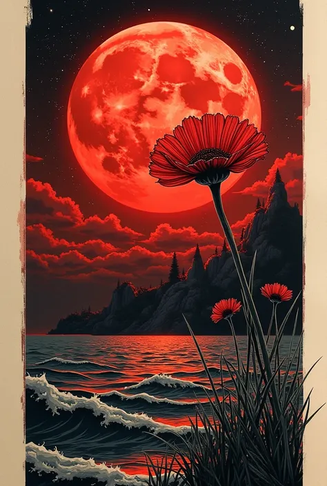 A rectangle inside which there is a full moon whose light shines a red sea whose tide is with waves, whose starry sky is red wit...