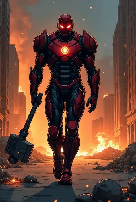 > Comic book panel. Dreadcore, the villain in black-red power armor, walks slowly toward the fallen Solarion. He drags his massi...
