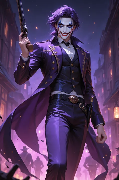 Joker, wearing western cowboy style in purple. dramatic western burning night town background. grin.