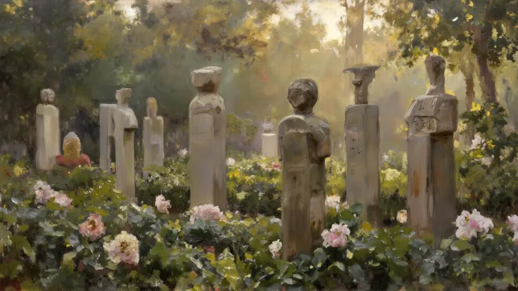 A serene oil painting of an ancient philosophy garden at dawn, statues of circles, words, and heads stand quietly among dew‑drop...