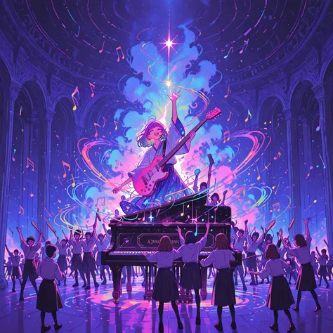 A joyful scene filled with colorful music notes floating in the air, people dancing with smiles on their faces, surrounded by gl...