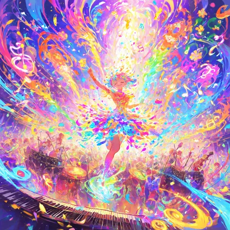 A joyful scene filled with colorful music notes floating in the air, people dancing with smiles on their faces, surrounded by gl...