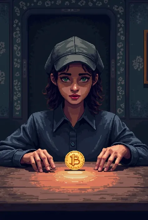 Pixel art of pov sitting, coin on table