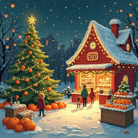 background: Night city in lights, O'KEY store in the form of a fairytale house with garlands.
foreground: A fair with, where ta...