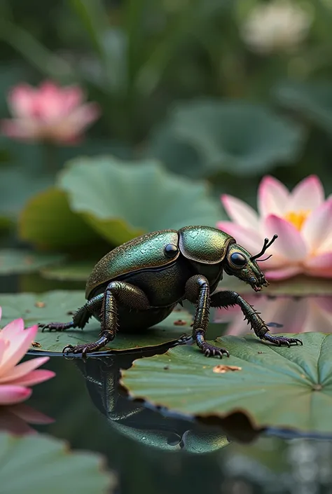 Beetle with lotus flowers