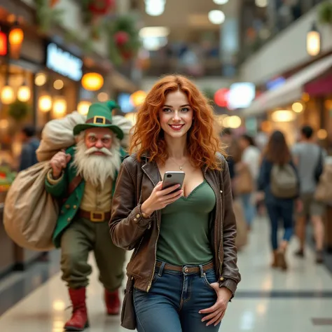 a young red-haired white woman, alta magra, curly hair at shoulder length she is in the food court of a mall she wears jeans, ca...