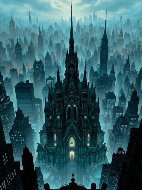 jimlee style image, Gotham city vue du ciel avec une chapelle au milieu.