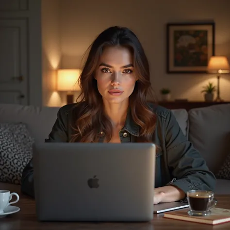 A Russian-looking freelance girl is sitting with a laptop in a home environment. She is looking directly at the camera