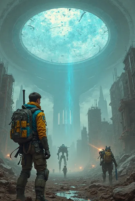 (masterpiece, best quality, ultra-detailed, gritty sci-fi), (wide shot: 16:9), post-apocalyptic city under a massive, flickering...