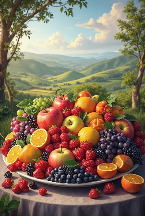 A big plate full of fruits in landscape