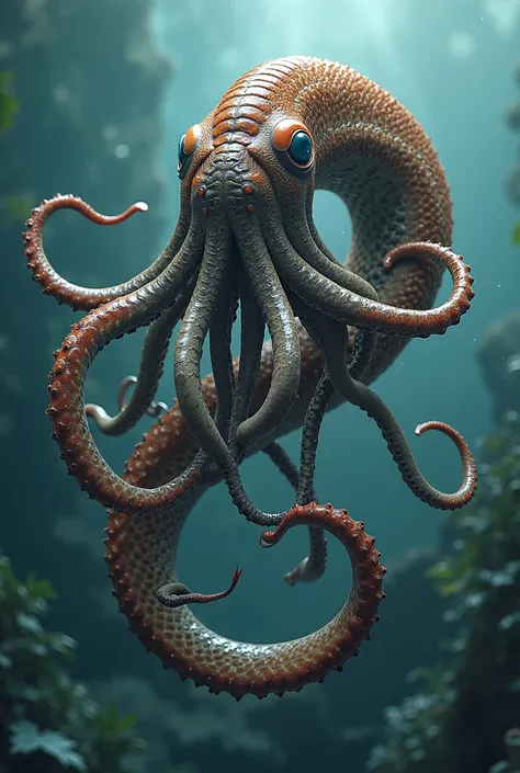 Super realistic video in 8k, Unreal Engine style, with a mix of octopus and snake, multi-muscle