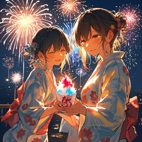 Large fireworks blooming in the night sky
Shaved ice I ate at a food stall
Your smile in a yukata
Your smile brighter than the s...