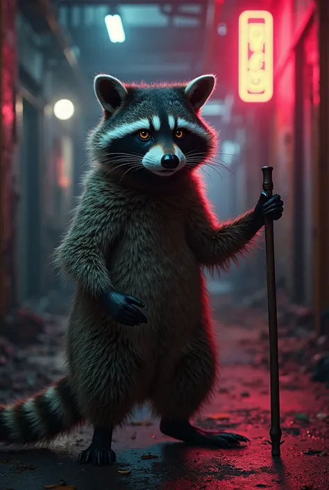 dominatrix raccoon, holding a riding crop, intense gaze, sinister expression, intricate fur details, standing in a dark and mood...