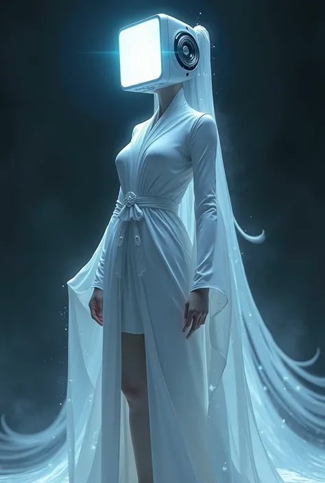 Anime Person with computer head wearing a white robe in dark background.