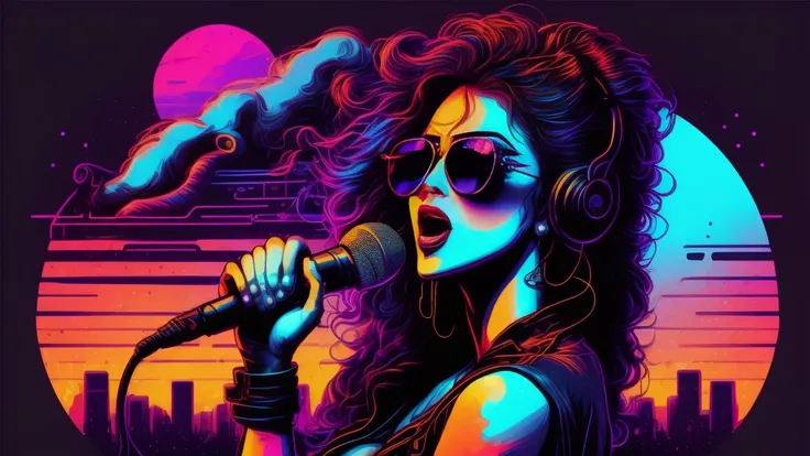 Sexy Girl, Wearing sunglasses and holding mic like person singing, vector, sunset, synthwave, purple blue red orange, bright neo...