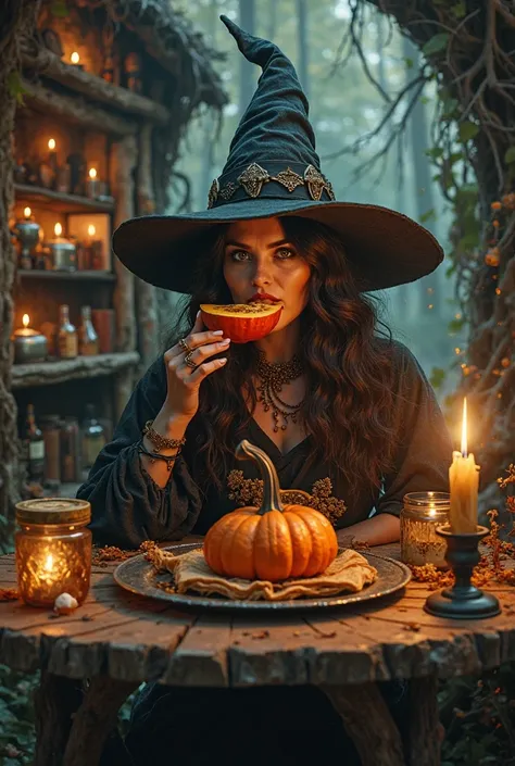 A witch in her house eats pumpkin
