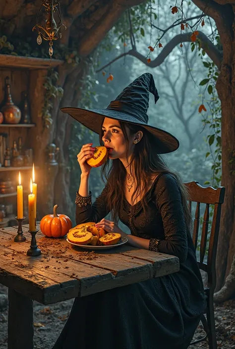 A witch in her house eats pumpkin