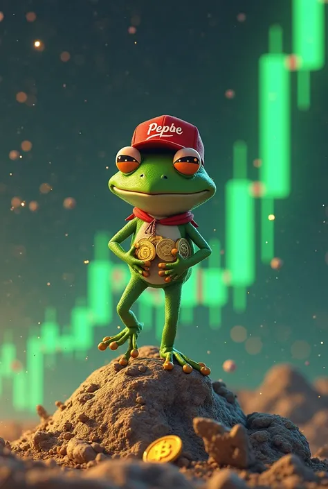 Generate  an image  of pepe coin.... Pepe  stepping up on crypto growing  graph candle. Pepe wear red cap .pepe name mention on ...