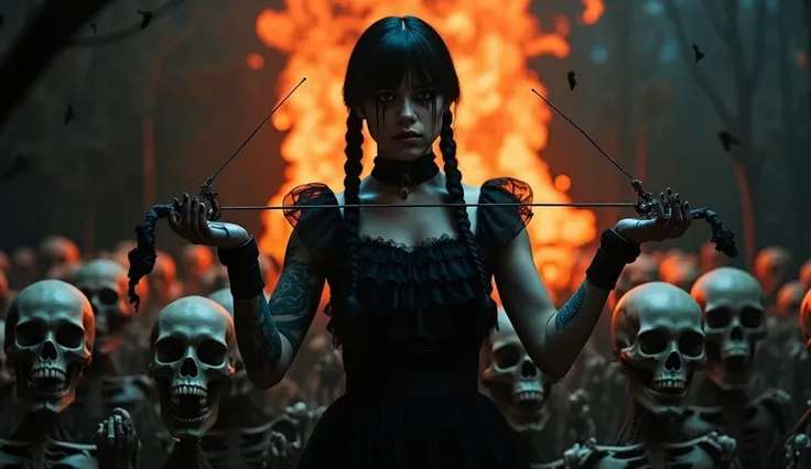 several skulls in the ground holding a crossbow with one in the middle sexy woman ,Janna Ortega, vandinha from the adans sexy f...