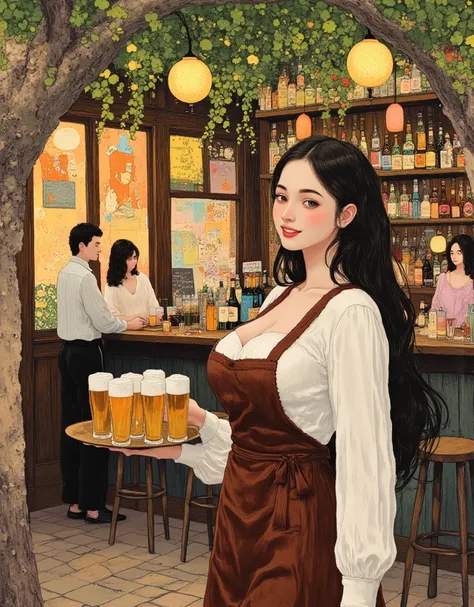Tavern woman with long brown hair, green eyes, wearing a white dress and a leather apron, Smiling so happy that she can see her ...