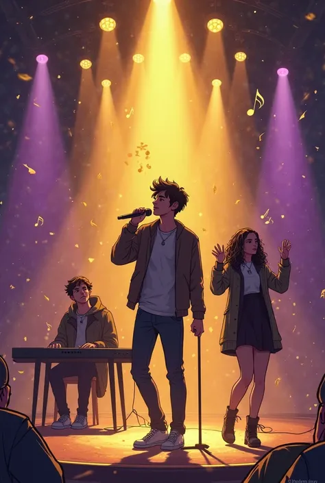 Cartoon: The background is a dark auditorium glowing with golden and purple lights, beams slicing through haze as if the music i...