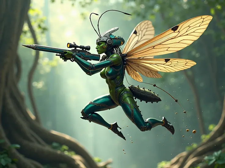 “An epic fantasy concept art of a female ant sky warrior in mid-flight, part of the elite aerial vanguard of an insect kingdom. ...