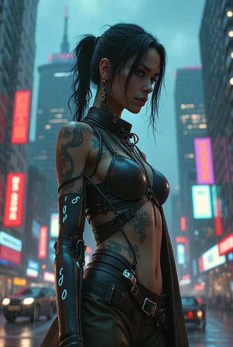 A hyper-realistic, darkly sensual cyberpunk scene, framed like a cinematic sci-fi movie still. A powerful female figure stands i...